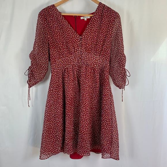 Madewell Red Floral Mini Dress Size 4 V-Neck Ruched Sleeves Lined Flowy Fit - Picture 3 of 9